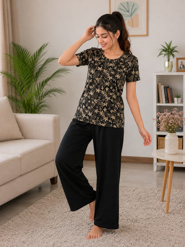 0000                  Black Golden Leaf Digital Printed Half Sleeves T-shirt With Plazzo Pajama Suit