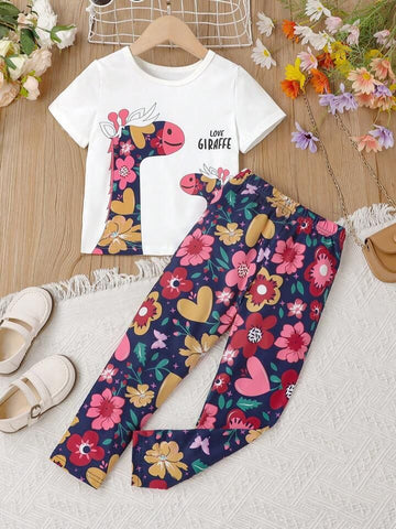 0000            Offwhite Floral Giraffe Printed Half Sleeves T-shirt with Floral Printed Pajama Kids Suits