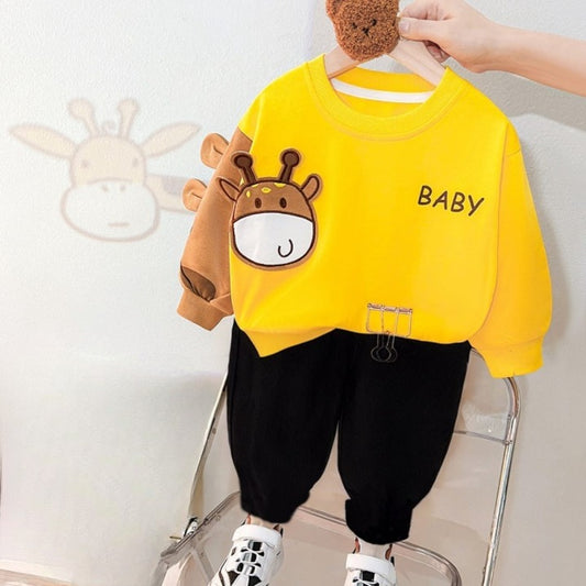 0001 Yellow Baby Cow Print Sweatshirt With Black Trouser For Kids