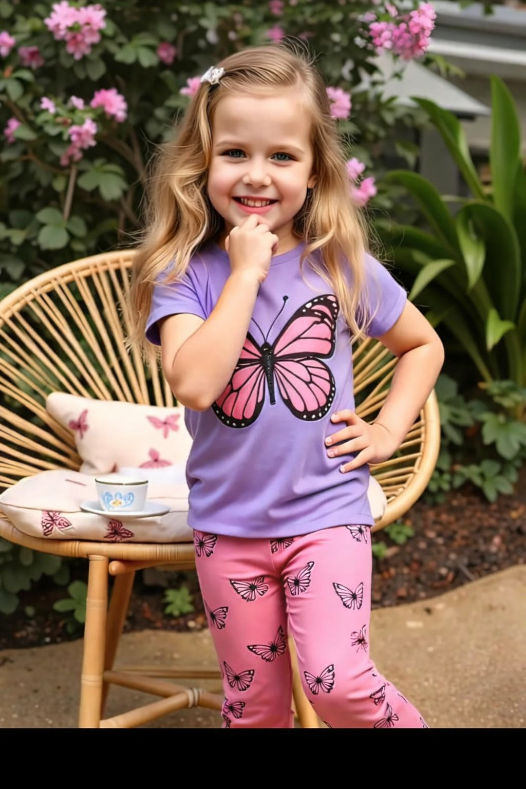 0000     Purple Butterfly Printed Half Sleeves T-shirt with Pink Butterfly  Printed Pajama Kids Suits