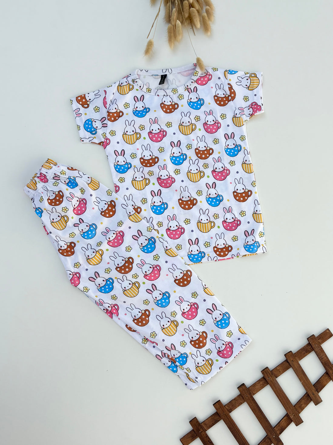 0000            Offwhite multi Rabbit  Printed Half Sleeves T-shirt with Multi Rabbit Digital Printed Pajama Kids Suits