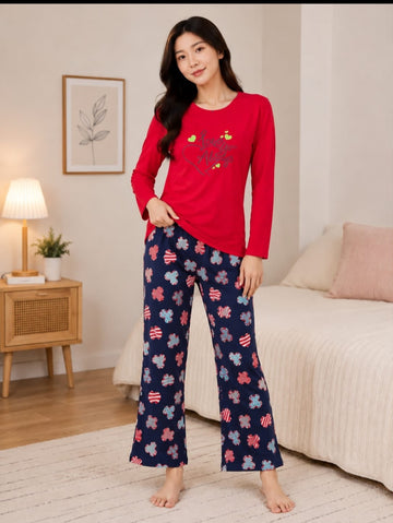 0000                   Red Love Printed Full Sleeves T-shirt With Navy Blue Printed Pajama Suit