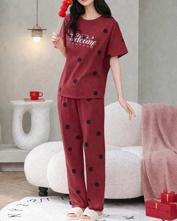 0000           Red Welcome Printed Half Sleeves T-shirt With Black Polka Dot Printed Pajama Suit