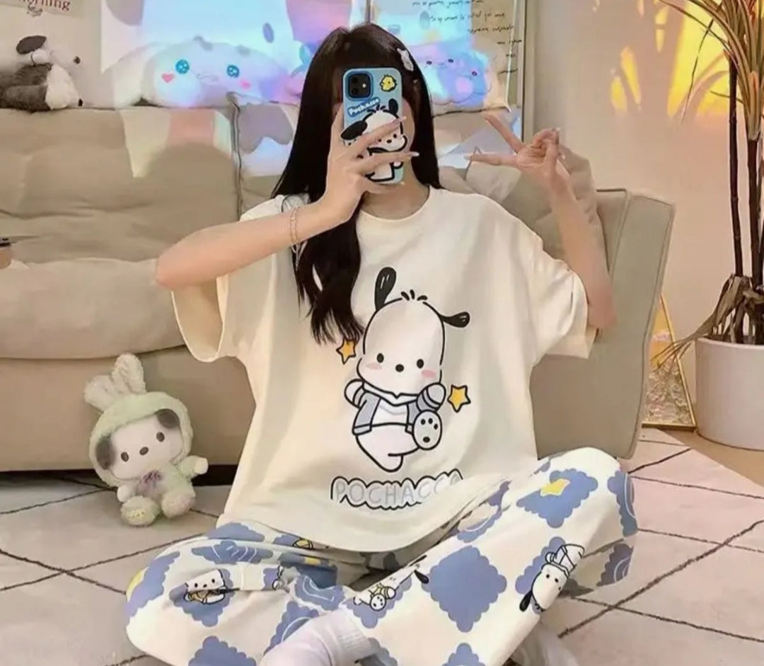 0001 White Pochacco Printed Half Sleeves T-shirt With Printed Pajama Suit