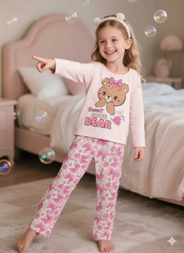 0000    Baby Pink Sweet Cute Bear Printed Full Sleeves T-shirt with Printed Pajama Kids Suits