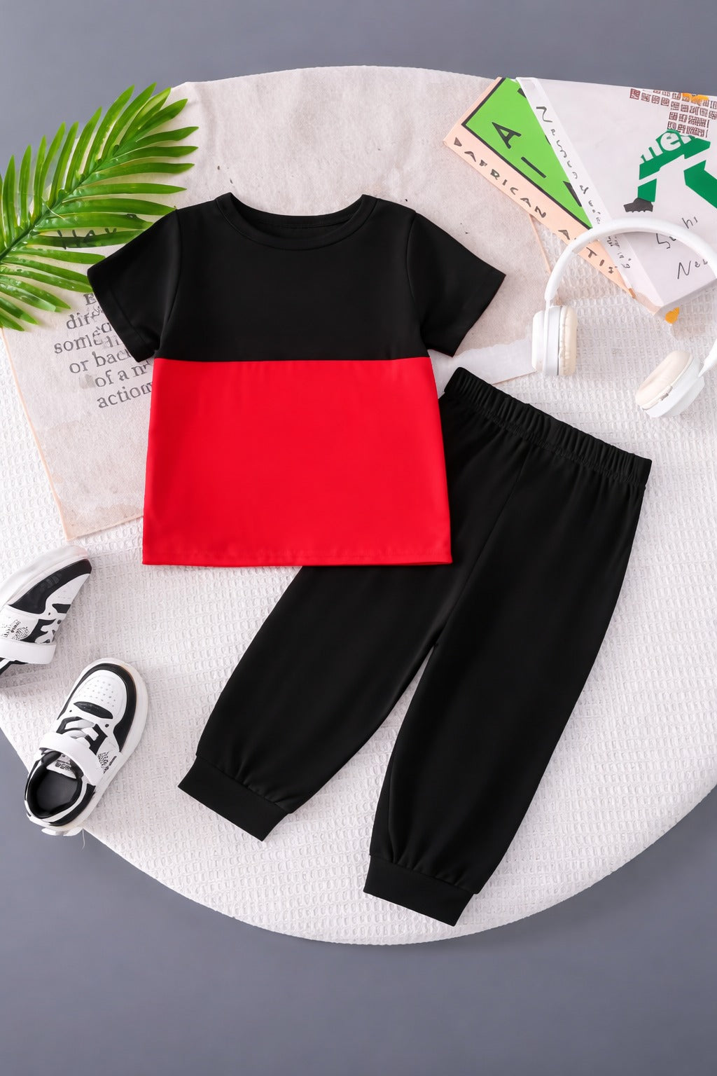 0000    Black Red Boys Printed Half Sleeves T-shirt with Black Printed Pajama Kids Suits