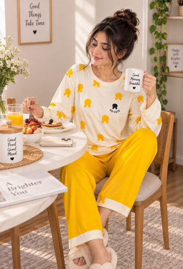 0000                   Yellow Rabbit Printed Full Sleeves T-shirt With  Plain Pajama Suit