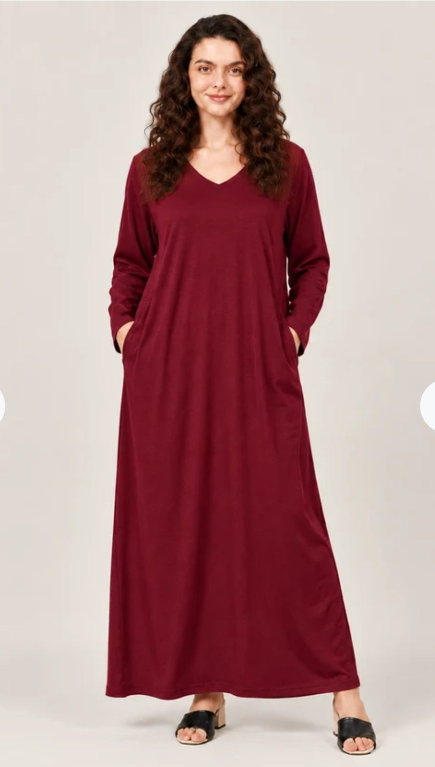 0000               Mahroon V-Neck Fluid Long Tees for Woman (Two sides Pockets)
