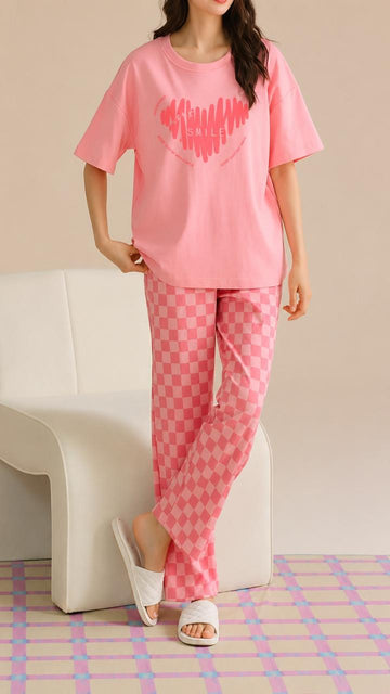 0000            Pink Smile Heart Printed Half Sleeves T-shirt With Check Printed Pajama Suit