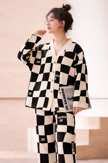 0000          Black Offwhite Check Happy be Printed Front Button Style For Her