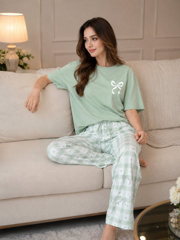 0000                  Olive Green Bow Printed Half Sleeves T-shirt With Check Pajama Suit
