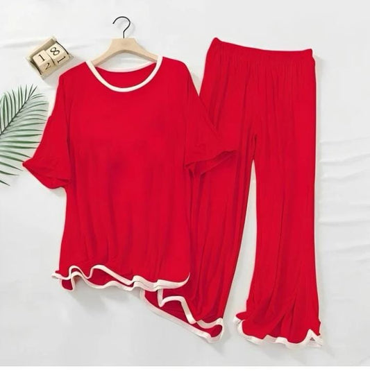 Red Lounge Wear Half Sleeves T-shirt With Loose Pajama Suit