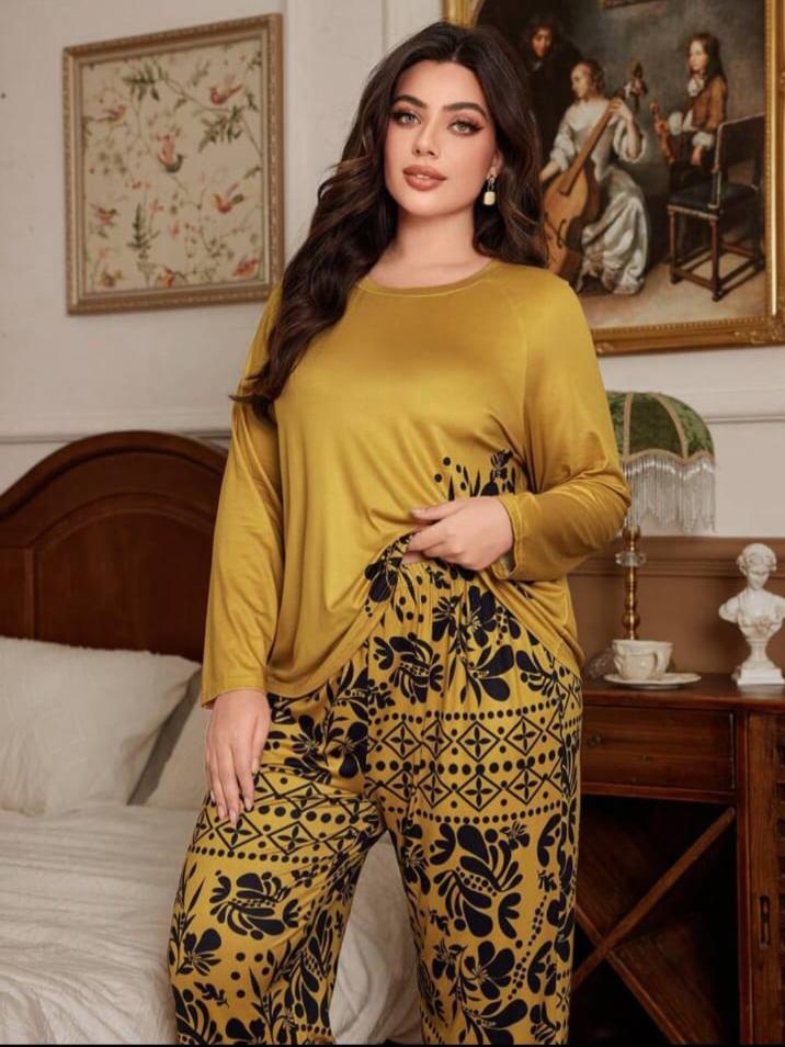 0000 Mustard Sided Leaf Printed Full Sleeves T-shirt With Leaf Printed Pajama Suit