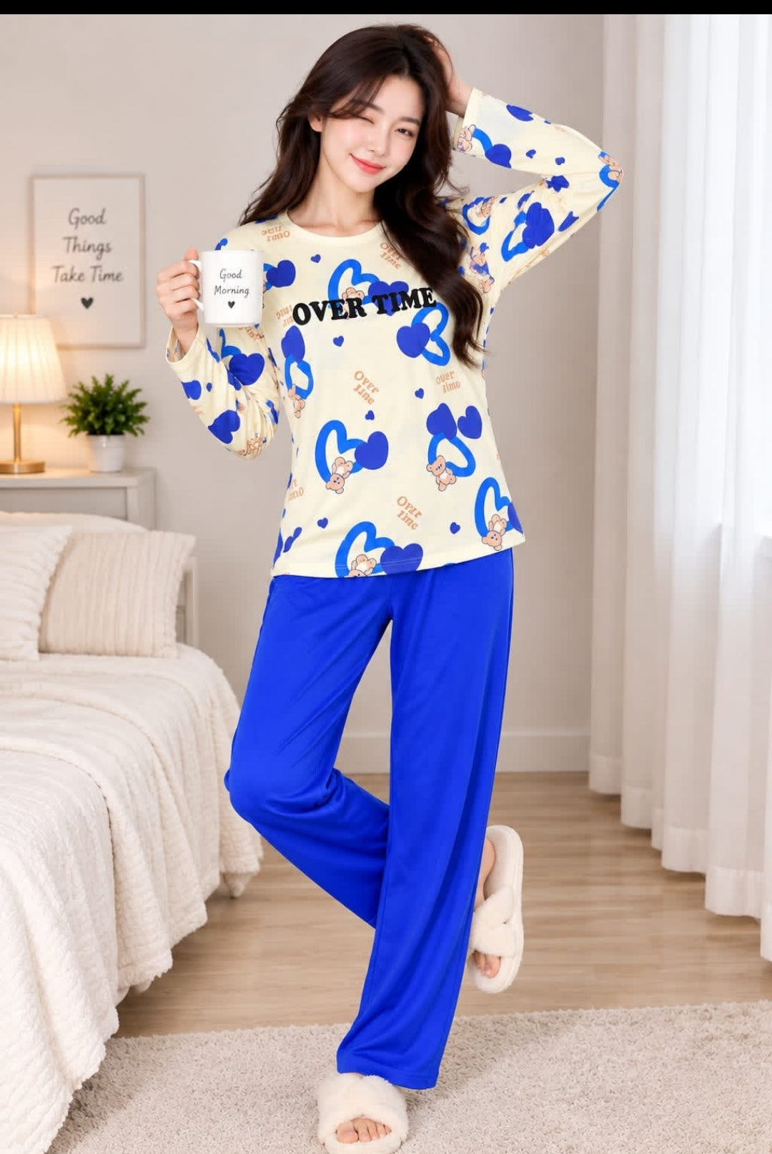 0000                   Offwhite Royal Blue Heart Printed Full Sleeves T-shirt With Plain Pajama Suit