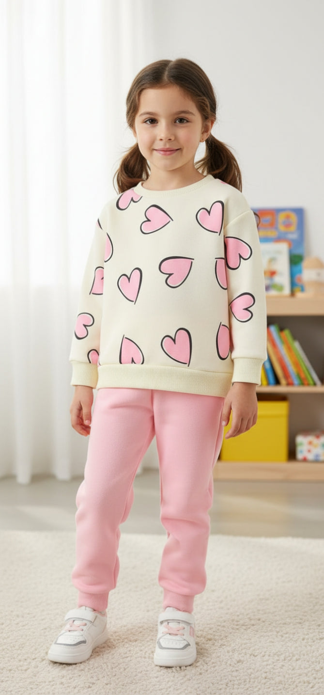 0000  Offwhite Pink Heart Printed Sweatshirt With Plain Fleece Trouser Tracksuit For Kids