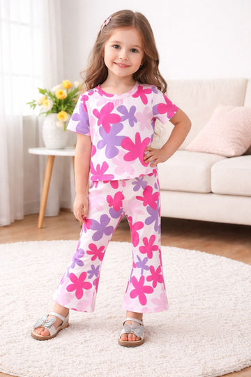 0000          Offwhite Multi Flower Printed  Half Sleeves T-shirt with multi Flower Digital Printed Pajama Kids Suits