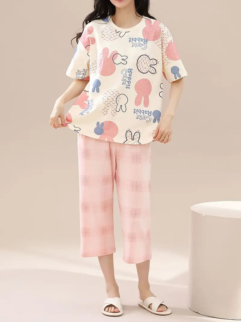 0000   Offwhite Multi Cute Rabbit Printed Half Sleeves T-shirt With Printed Pajama Suit