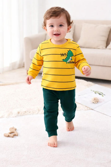 0000    Yellow Green Dinasour Printed Full Sleeves T-shirt with Green Plain Pajama Kids Suits