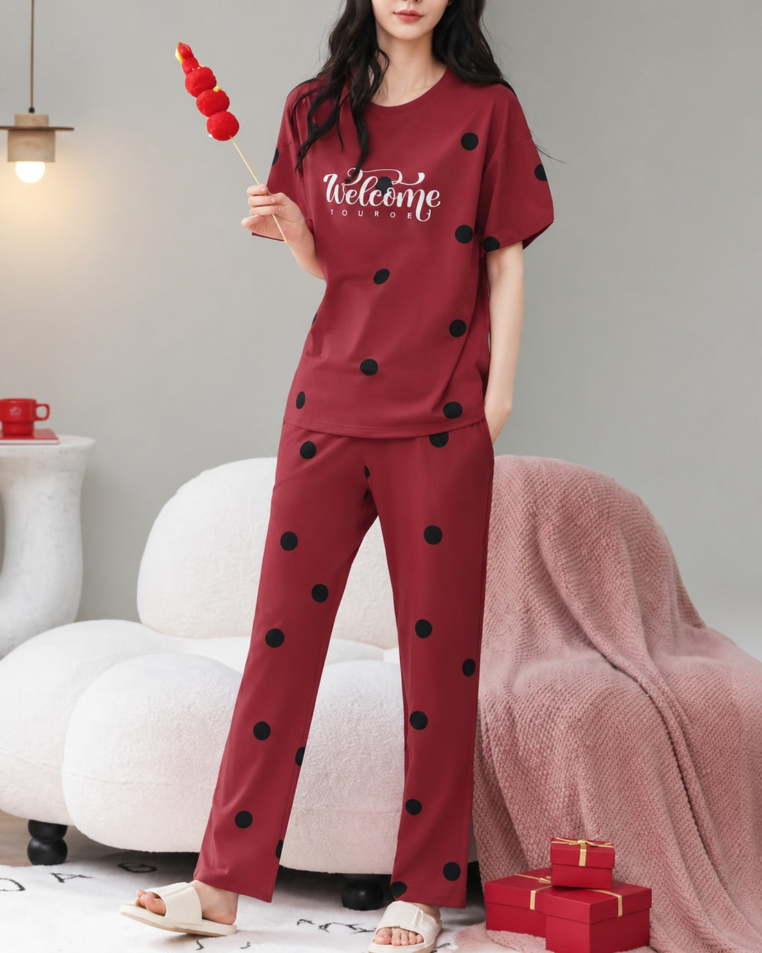0000           Red Welcome Printed Half Sleeves T-shirt With Black Polka Dot Printed Pajama Suit
