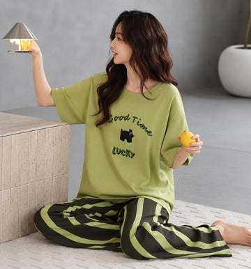 0000              Olive Green Cat Printed Half Sleeves T-shirt With Lining Printed Pajama Suit