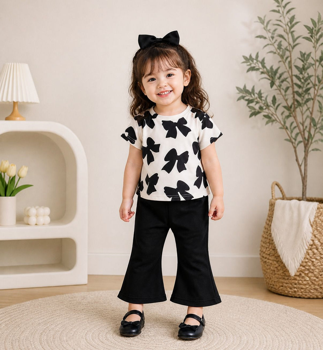 0000           Offwhite Black Bow Printed Half Sleeves T-shirt with Bottle Black Pajama Kids Suits