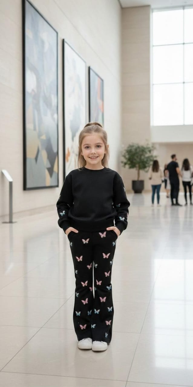 0000  Black Sleeves Butterfly Printed Sweatshirt With Butterflies Printed Fleece Trouser Tracksuit For Kids