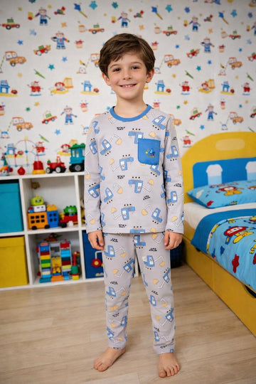 0000    Grey Truck Printed Full Sleeves T-shirt with Printed Pajama Kids Suits
