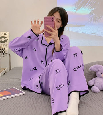 0000           Purple All Over Stars Printed Front Button Style For Her