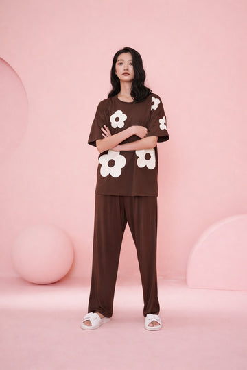 0000   Brown White Heart Printed Half Sleeves T-shirt With Brown Plain Pajama Suit