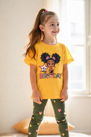 0000    Yellow Birthday Girl Printed Half Sleeves T-shirt with heart Printed Pajama Kids Suits