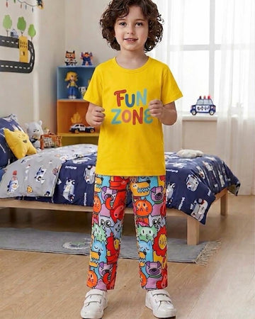 0000            Yellow Fun Zone Printed Half Sleeves T-shirt with Funkey Printed  Pajama Kids Suits