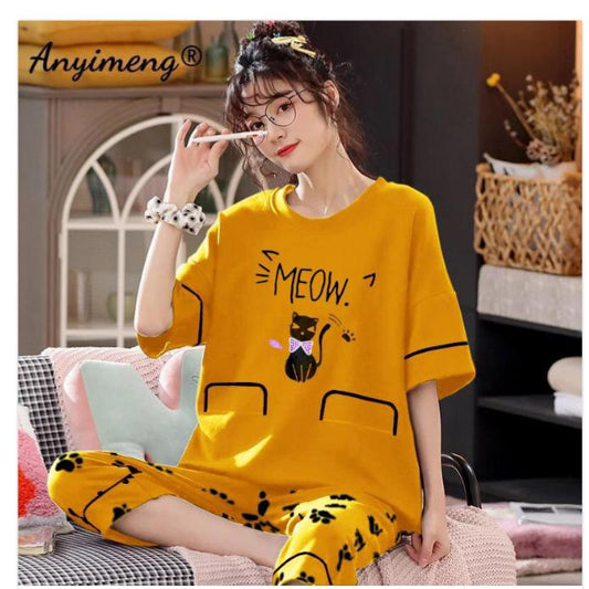 Yellow Meow Printed Half Sleeves T-shirt With Lining Pajama Suit