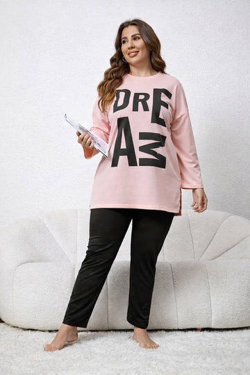 0000   Baby Pink Dream Printed Full Sleeves T-shirt With Black Plain Pajama Suit