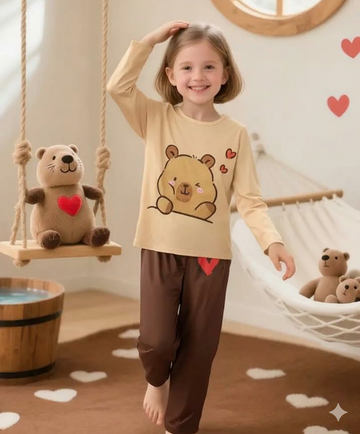 0000    Brown Bear Printed Full Sleeves T-shirt with Heart Printed Pajama Kids Suits