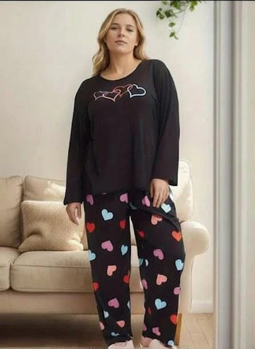 0000   Black Hearts Printed Full Sleeves T-shirt With Multi Heart Printed Pajama Suit