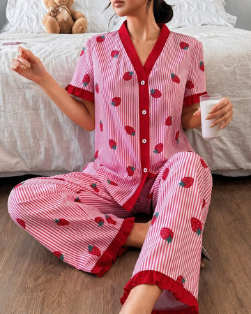 0000          Pink All Over Strawberry Printed With Pink Lining Front Button Style For Her