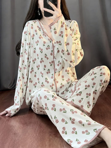 0000           Offwhite Tulip Flower Printed Front Button Style For Her