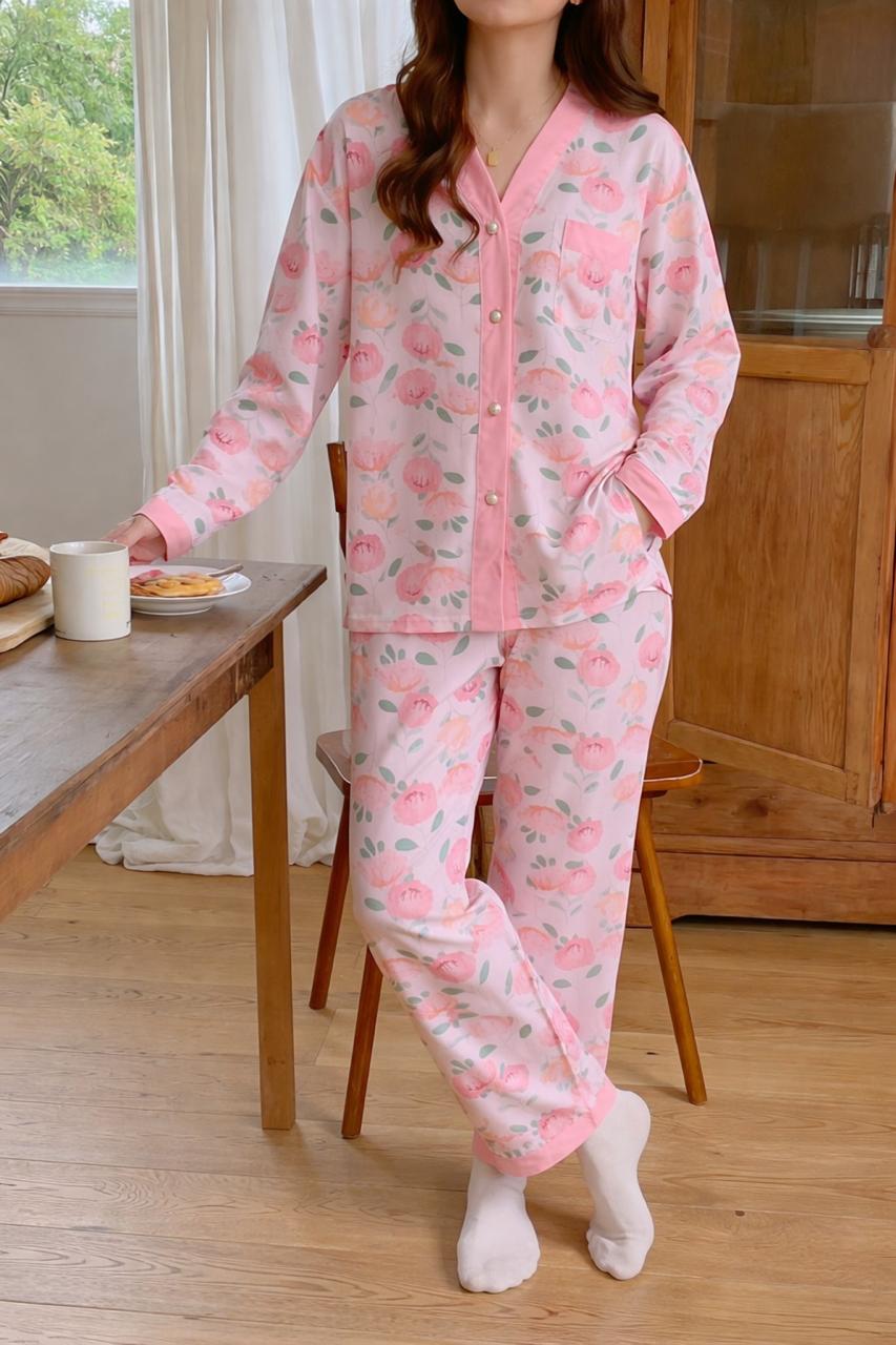 0000          Baby Pink Flowers Printed Front Button Style For Her