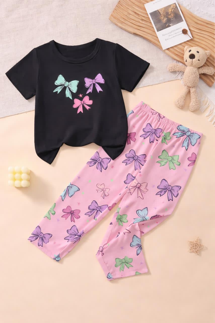 0000          Black 3 Bow Printed  Half Sleeves T-shirt with Lilac Bow Digital Printed Pajama Kids Suits
