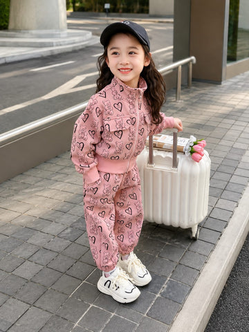 0000          Pink Teddy Bear Printed Zipper Kids Tracksuit