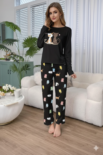 0000   Black Cats Printed Full Sleeves T-shirt With Cats Printed Pajama Suit