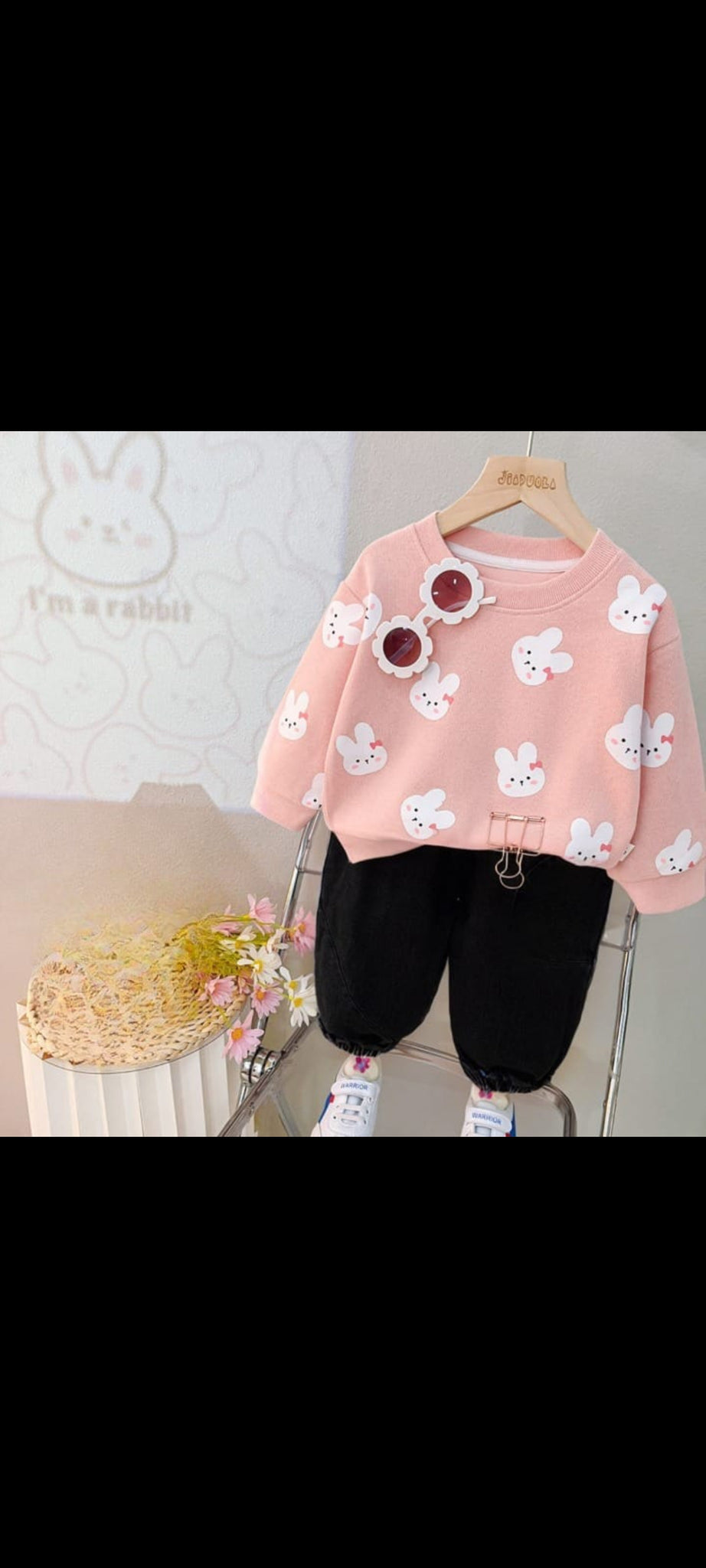 0000 Baby Pink Small Rabbit  Printed Sweatshirt With Black Trouser Tracksuit For Kids