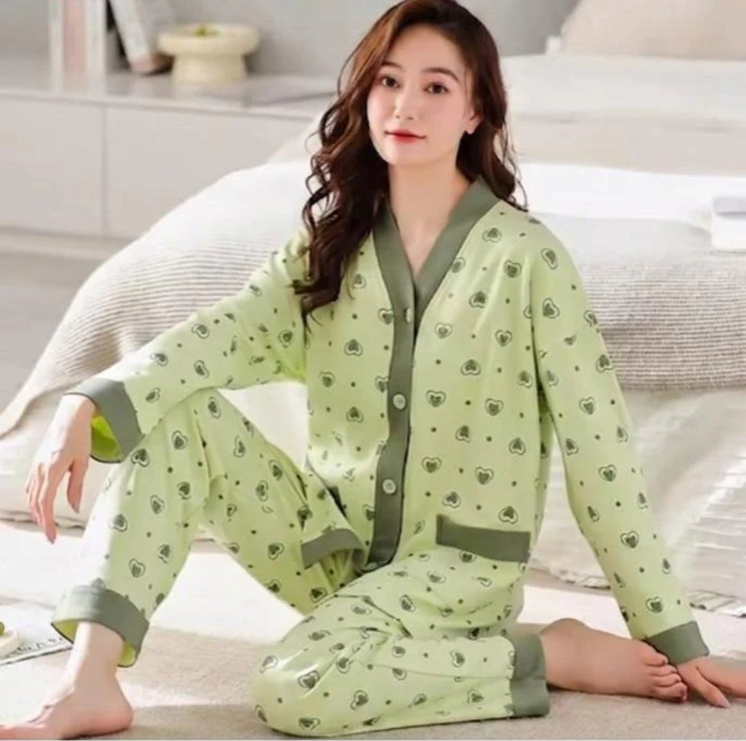 0000           Green All Over Heart  Printed Front Button Style For Her