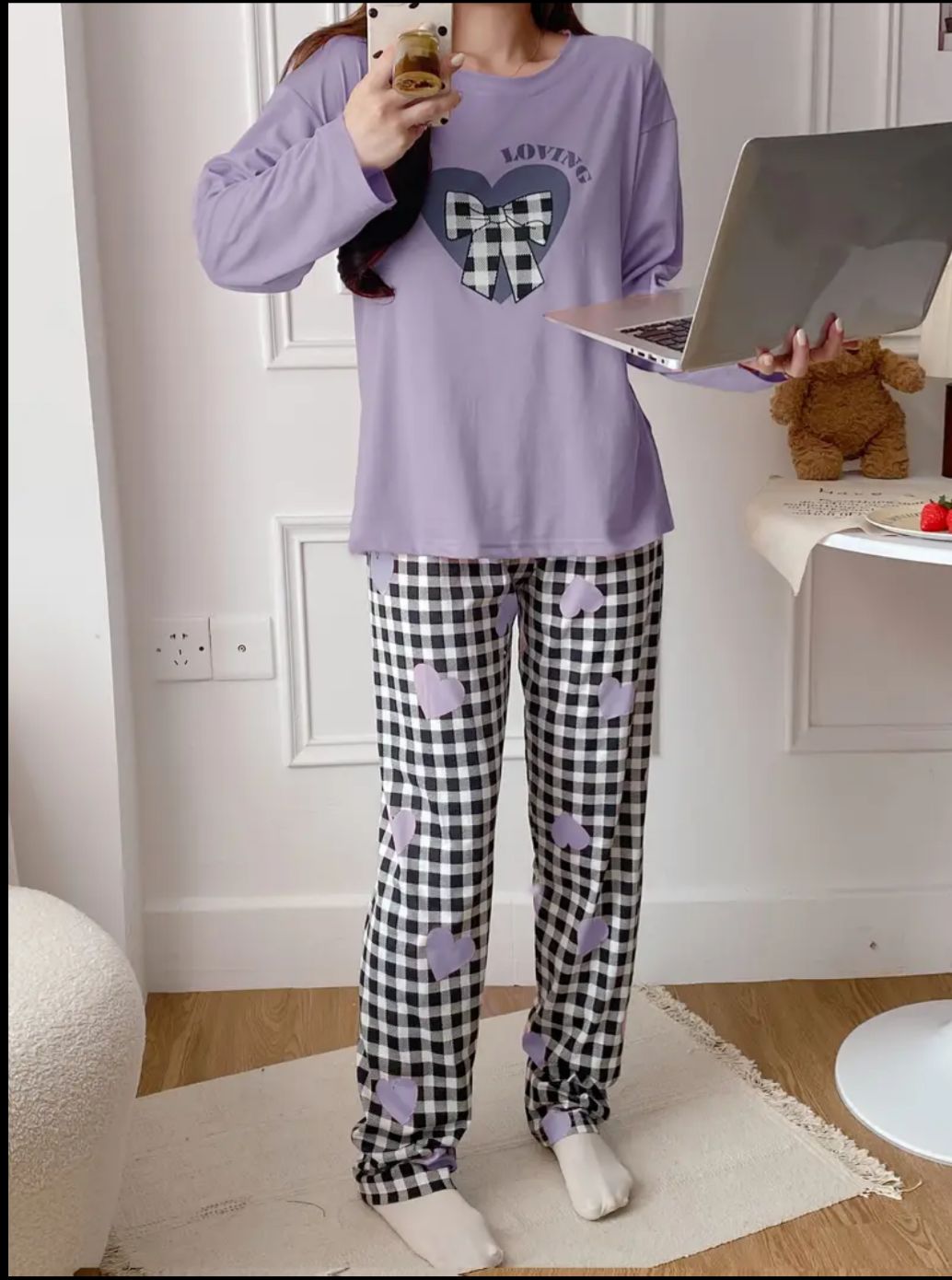 0000  Lilac Check Bow Heart  Printed Full Sleeves T-shirt With Check  Printed Pajama Suit