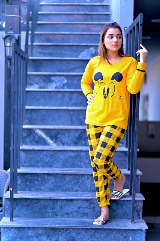 Yellow Bear Printed Full Sleeves T-shirt With Printed Pajama Suit