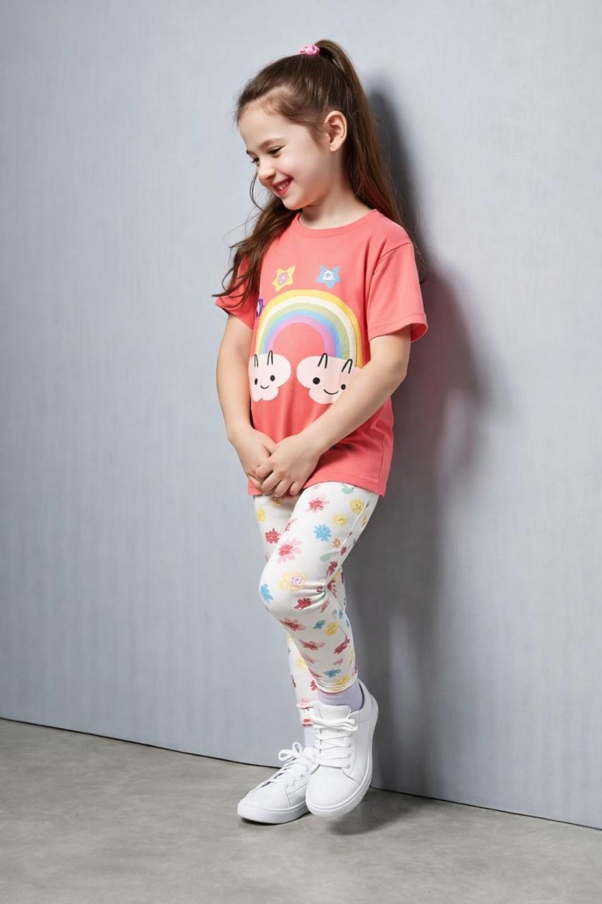 0000    Peach Rainbow Printed  Half Sleeves T-shirt with Multi Flower Printed Pajama Kids Suits