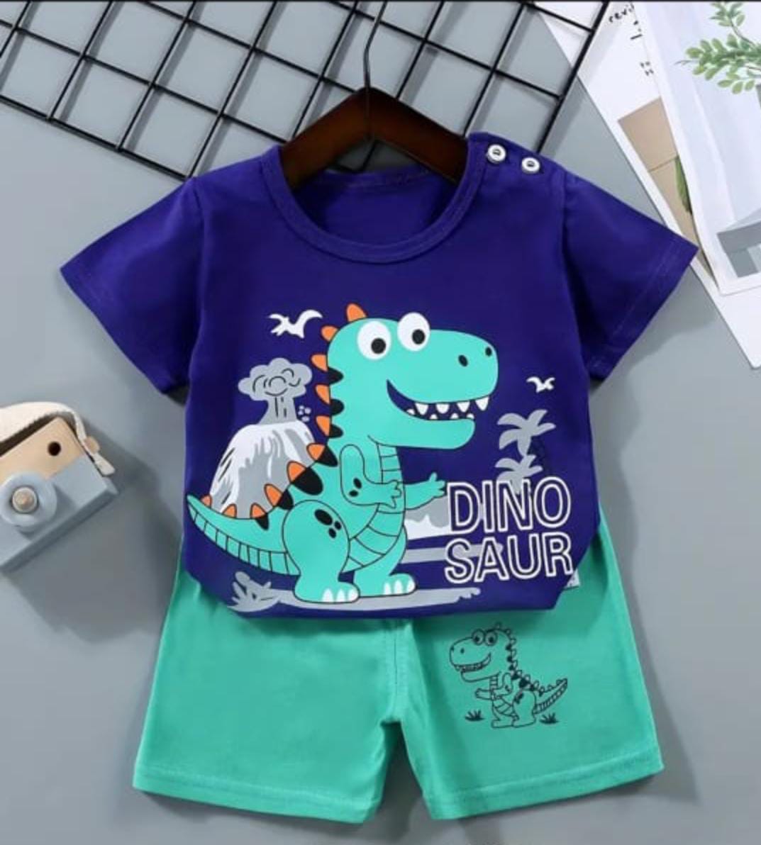 Baby or Baba Blue Dinosaur Printed T-shirt with Sea Green Printed Short for Kids Suits (1 Pcs)