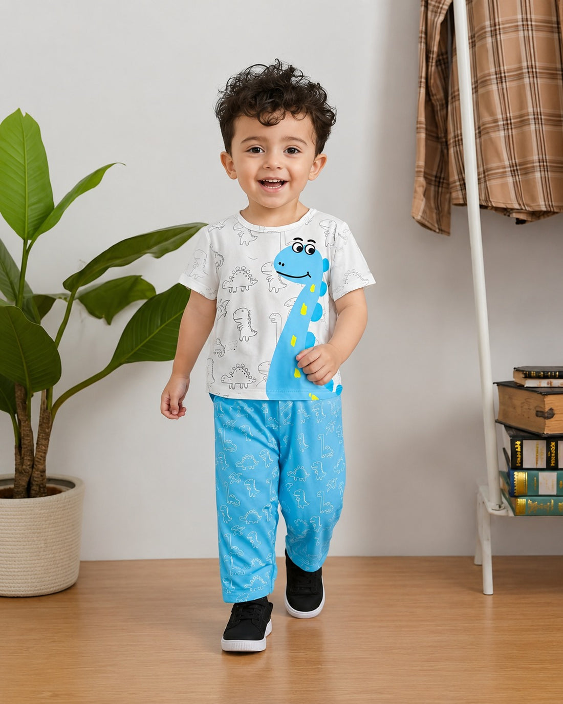 0000          Offwhite blue Dragon Printed Half Sleeves T-shirt with Dragon Printed Blue Pajama Kids Suits