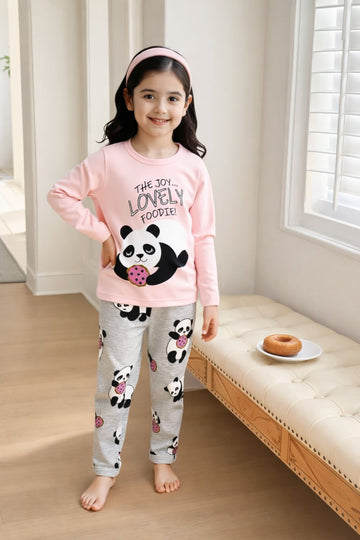 0000    Baby Pink Panda Printed Full Sleeves T-shirt with Grey Panda Printed Pajama Kids Suits