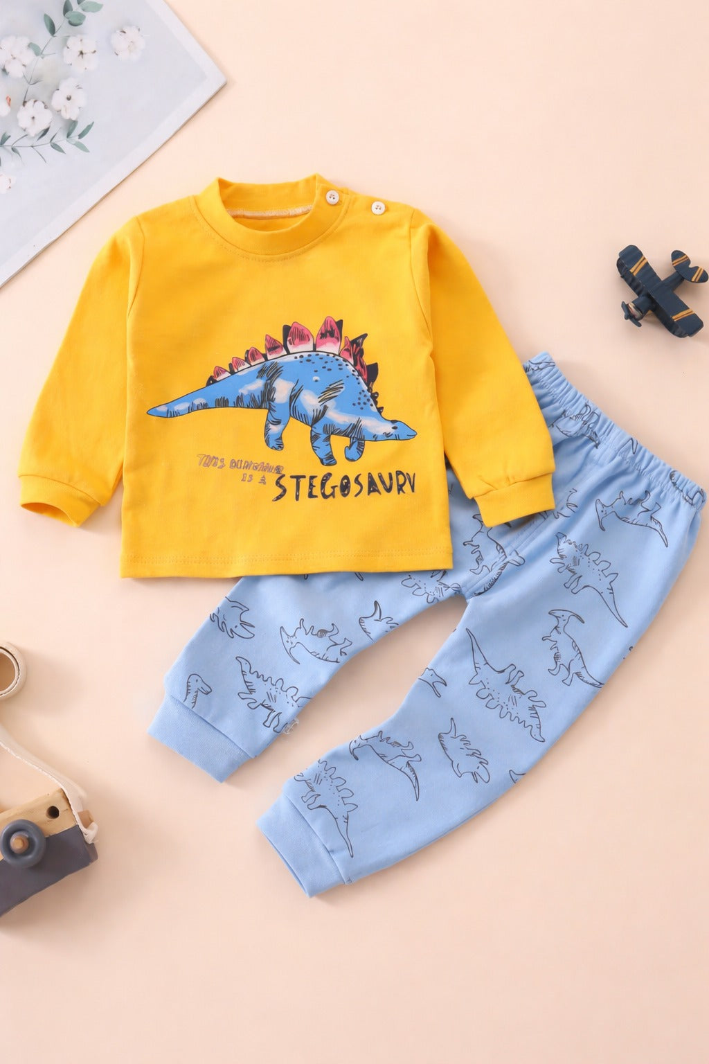 0000    Yellow Dinasour Printed Full Sleeves T-shirt with Grey Printed Pajama Kids Suits